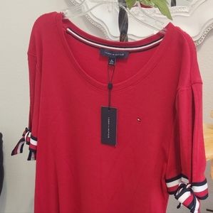 $45 Tommy Hilfiger Women's Red Tie-Sleeve Crew Neck T-Shirt Top Size XL